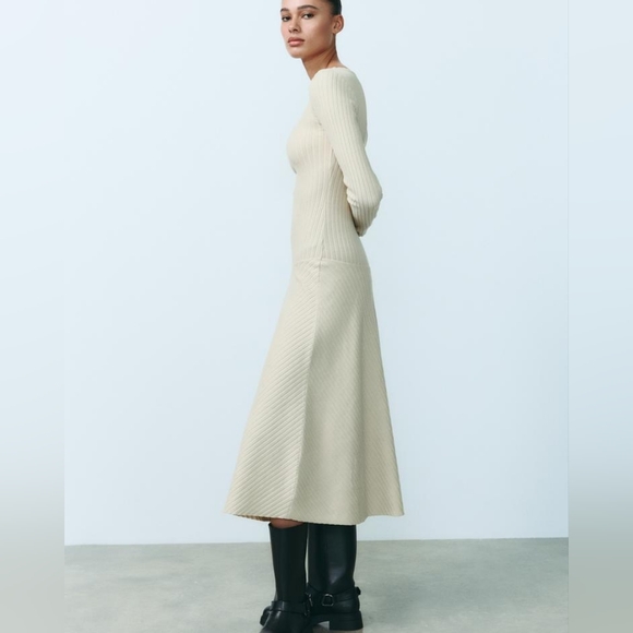 Zara 3253/850 Ecru Tilted Drop Waist Ribbed Dress - Picture 4 of 13